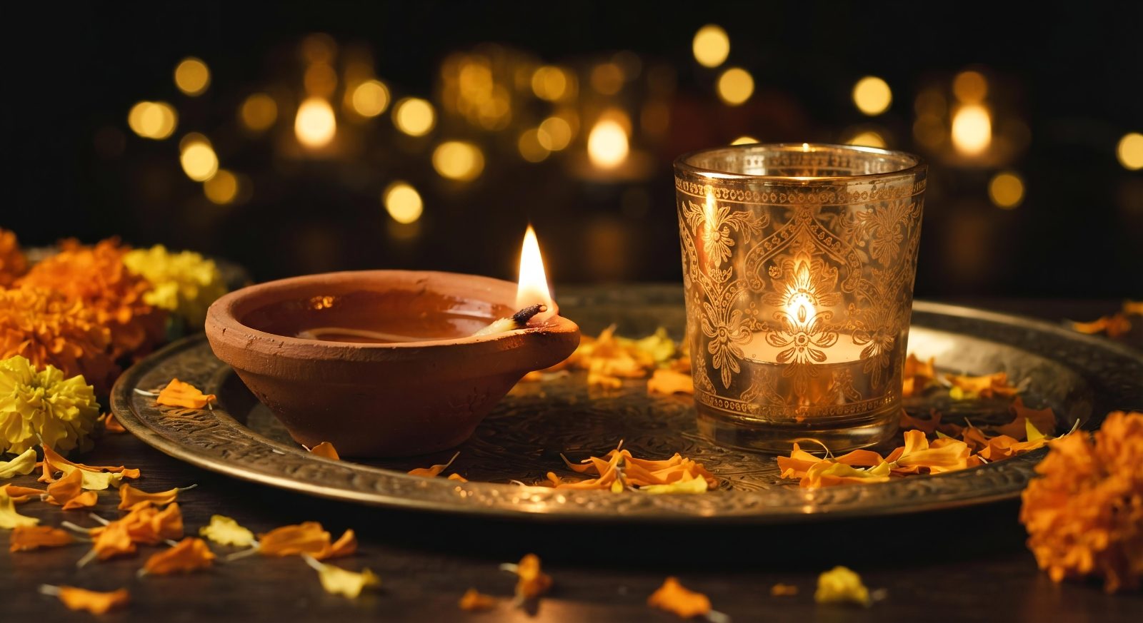 A lit clay diya and a brass lamp on a tray surrounded by marigold petals