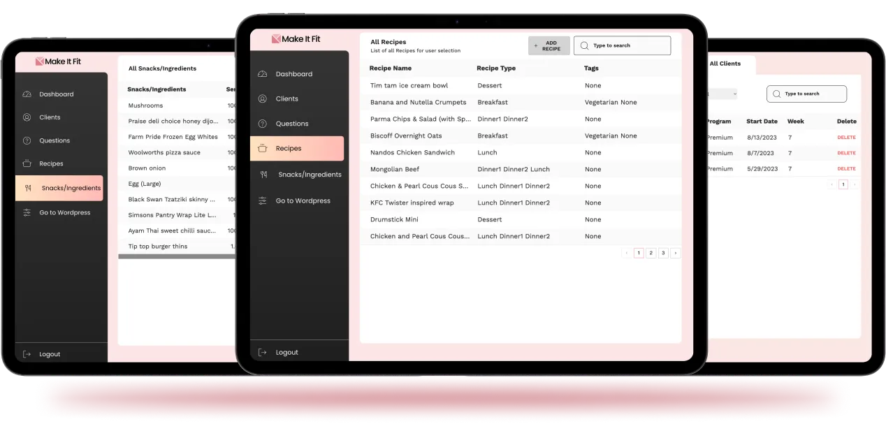 Admin features like Recipe Management, Client Management, Snacks & Ingredient Management.