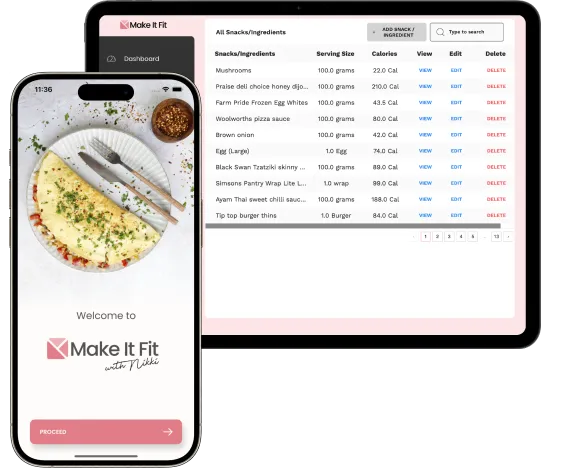 Make It Fit app home screen and all snacks and ingredients dashboard.
