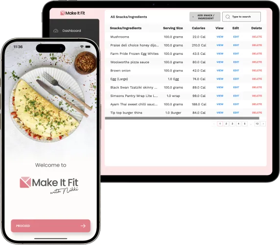 Make It Fit app home screen and all snacks and ingredients dashboard.
