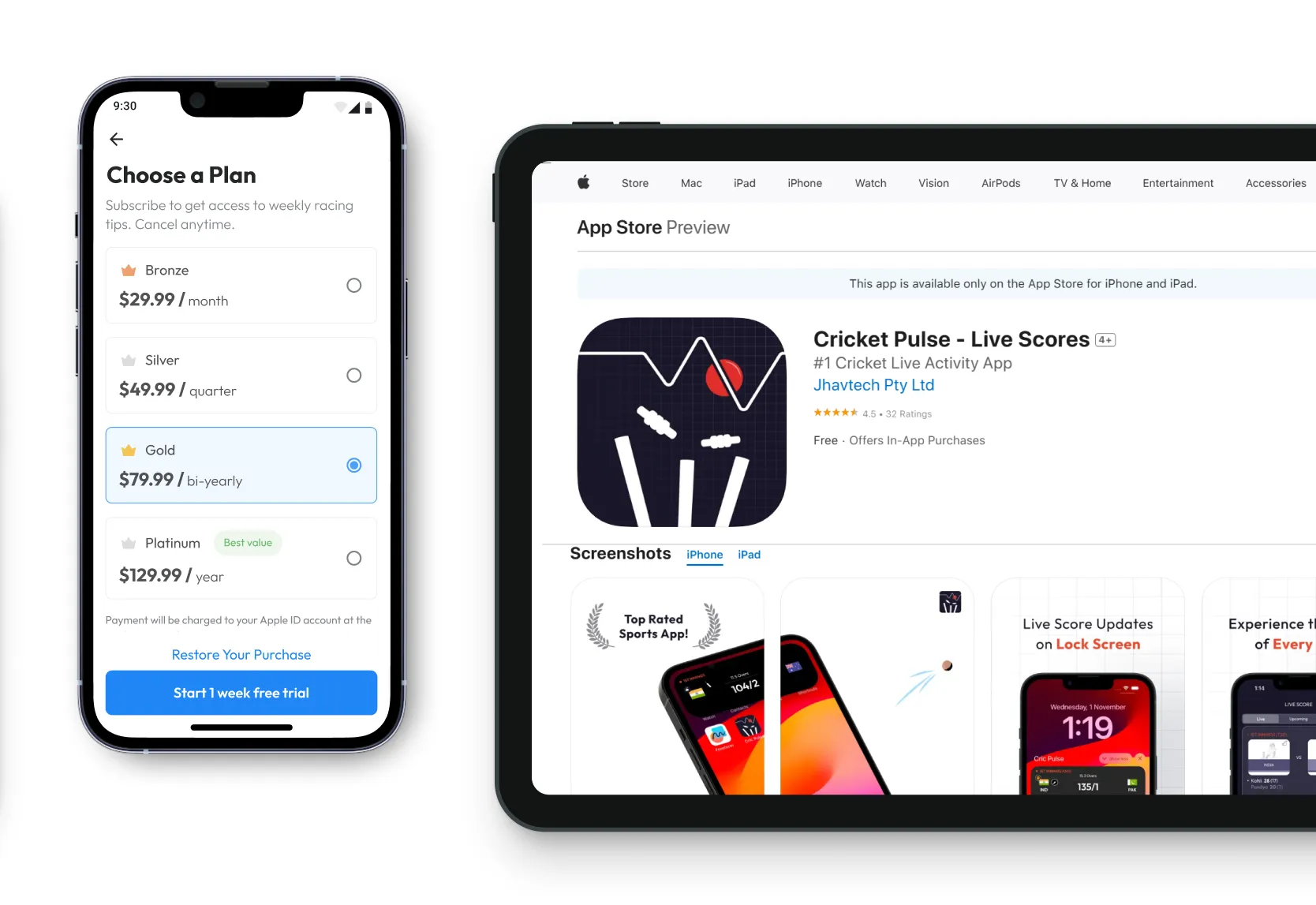 Sports app UI frames