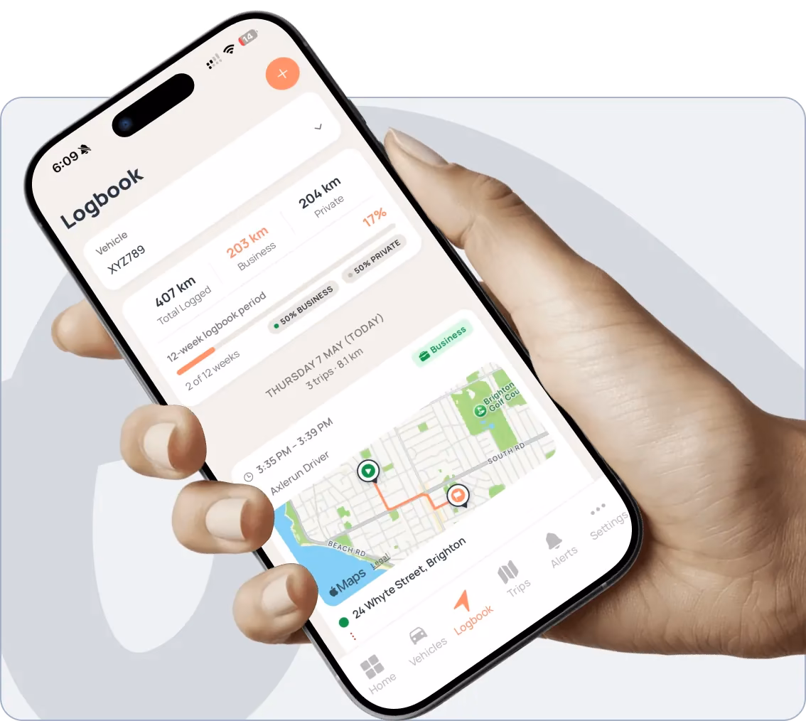 Axlerun automatic GPS logbook screen showing business and private kilometres and a mapped trip