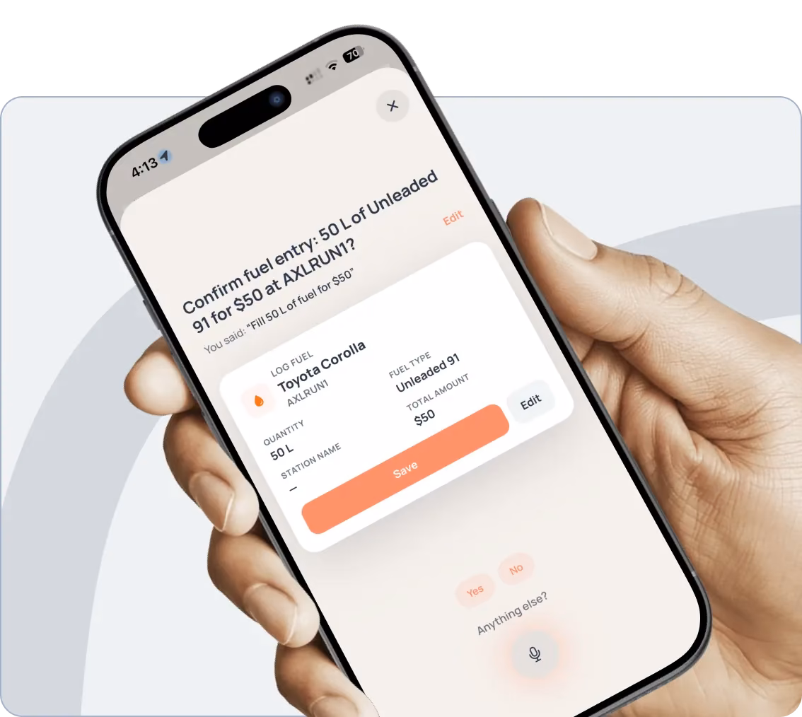 Axlerun AI voice assistant turning a spoken fuel entry into a confirmable action card