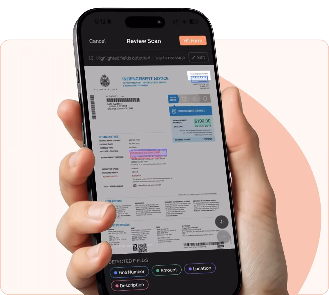 Axlerun AI document scanning reading an infringement notice and detecting fine number, amount and location