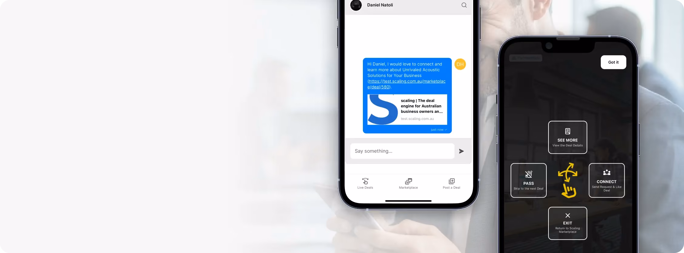 Scaling in-app chat and swipe gesture guide on two iPhones