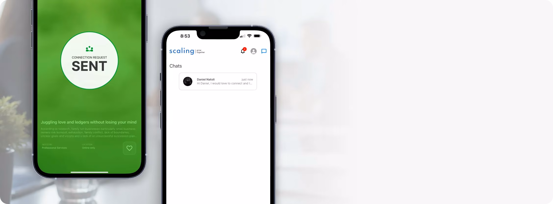 Scaling connection request sent screen and chats list on two iPhones