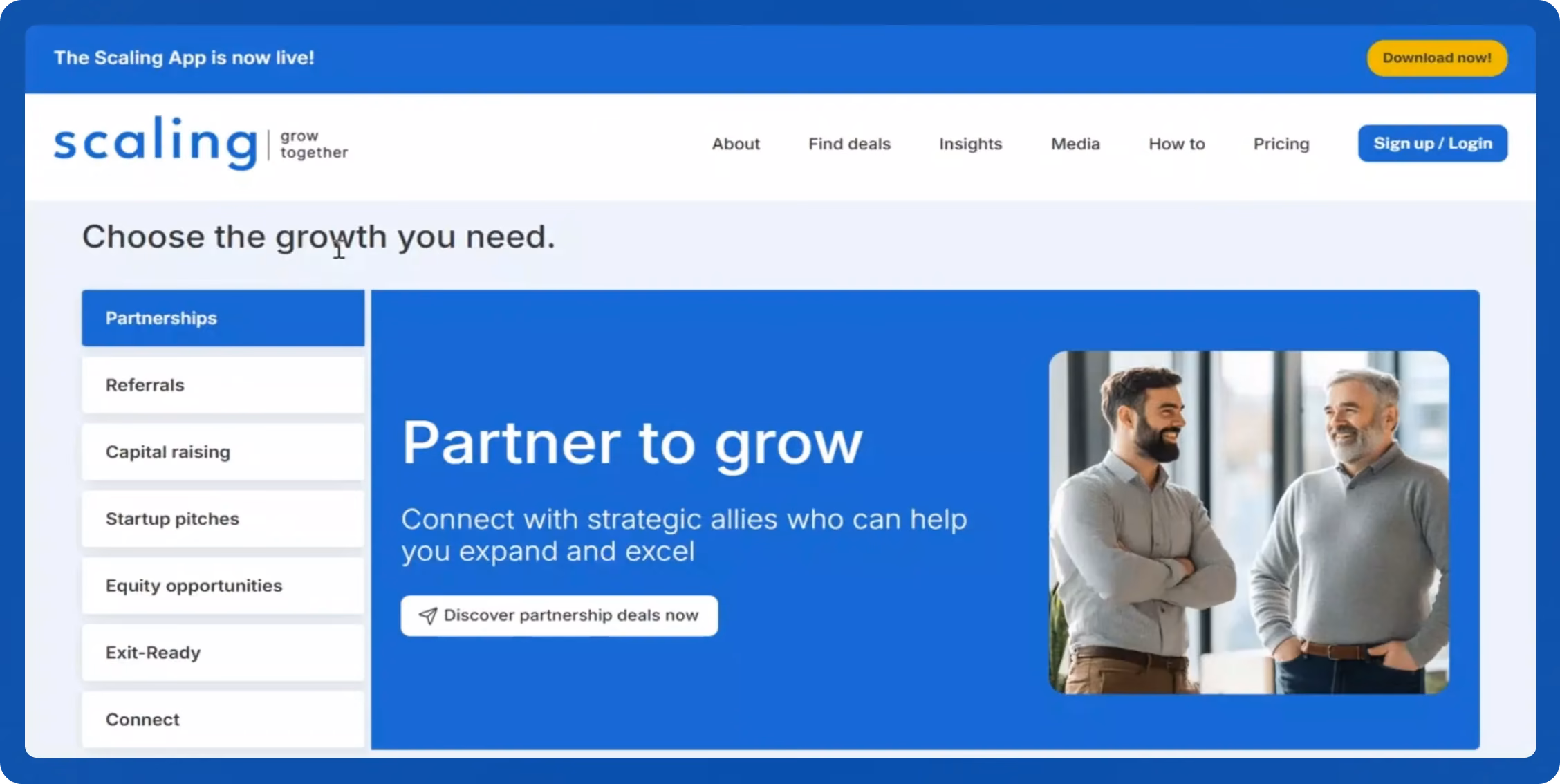 Scaling website home page with the Choose the growth you need menu and the Partner to grow banner