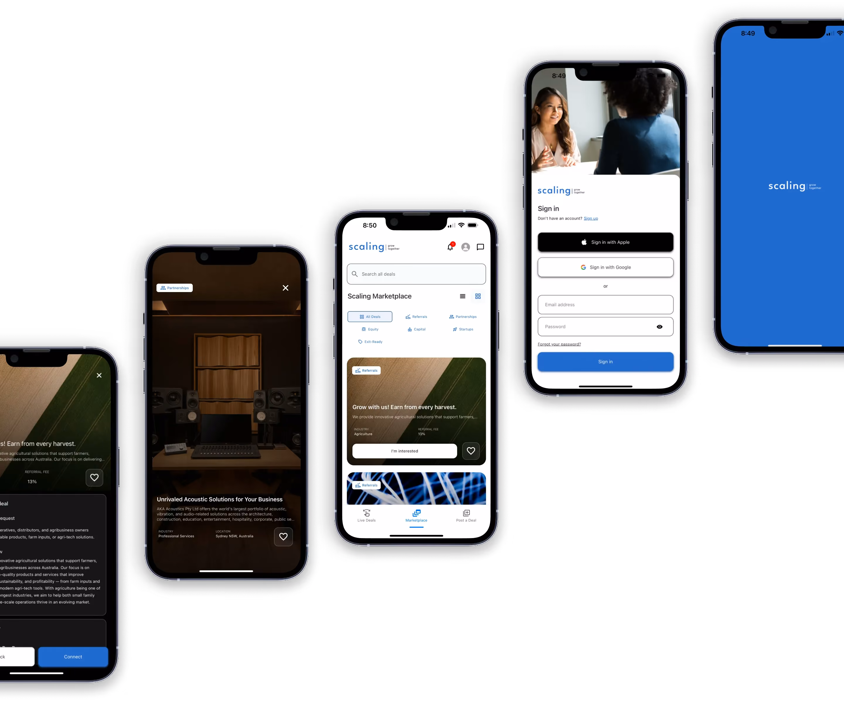 Five iPhone screens from the Scaling app: deal details, an acoustics listing, the Scaling Marketplace feed, sign in and the splash screen