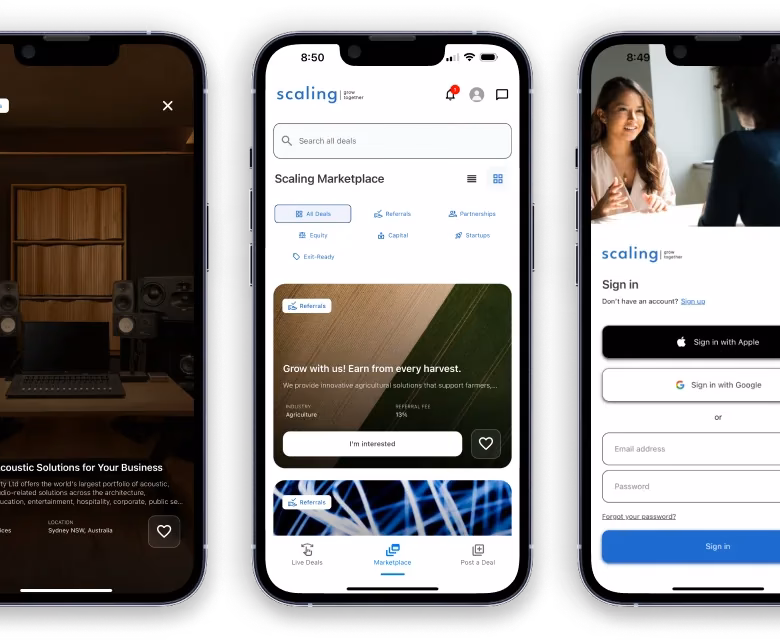 Three iPhone screens from the Scaling app: an acoustics listing, the Scaling Marketplace feed and sign in