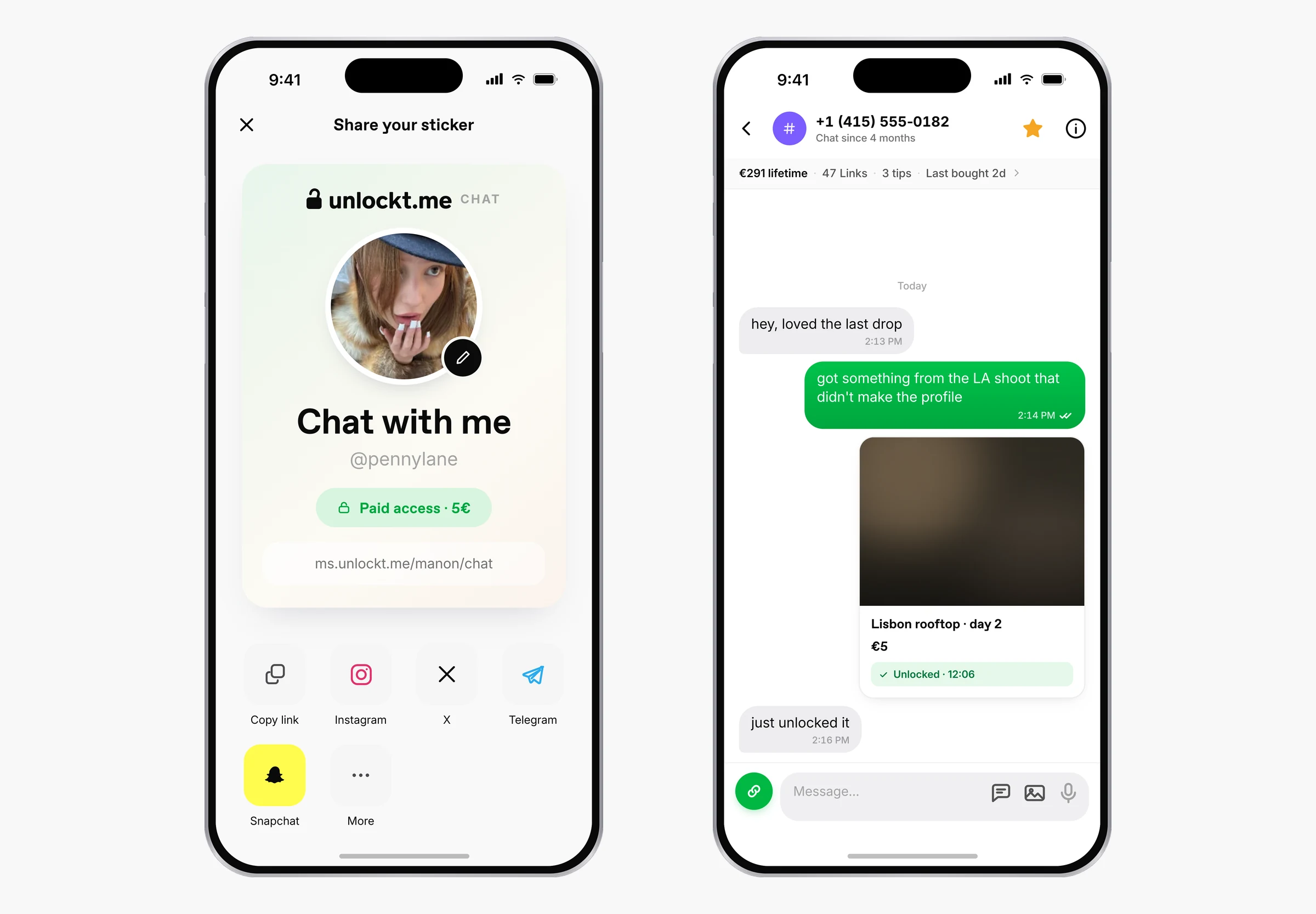 Two phone screens side by side: a creator sharing her Unlockt chat link, and the in-app conversation where a fan unlocks a photo for 5 euros.