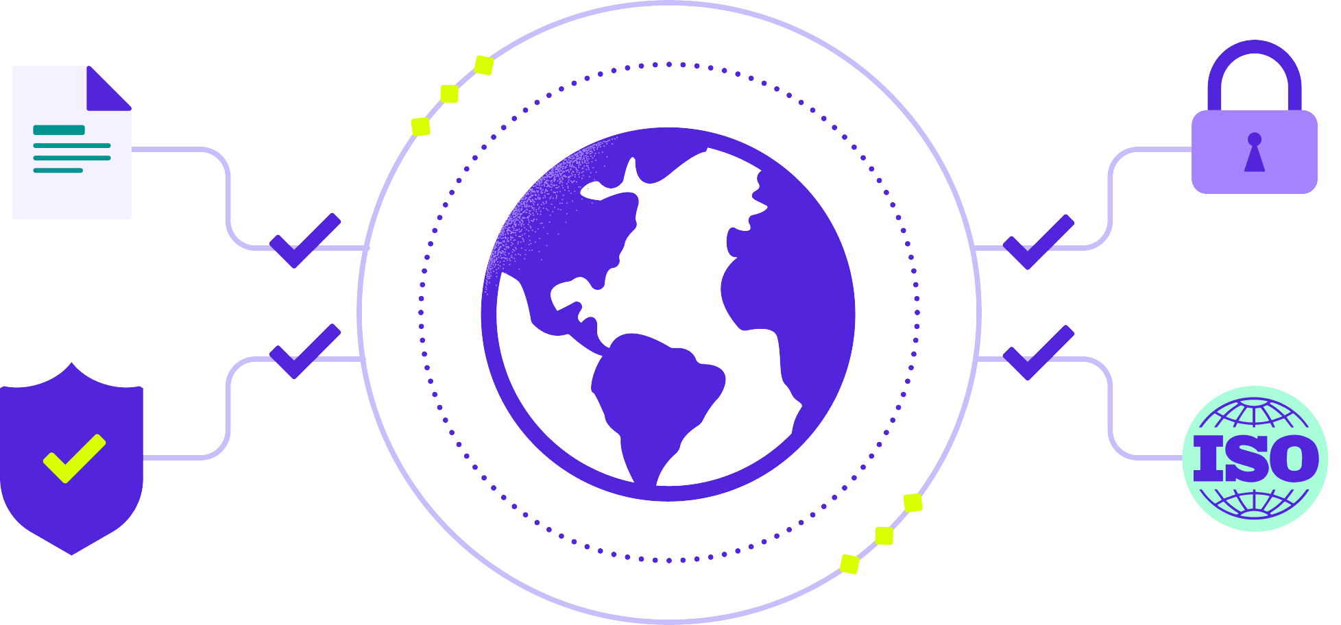 A purple circle with a globe, a lock, and a padlock.