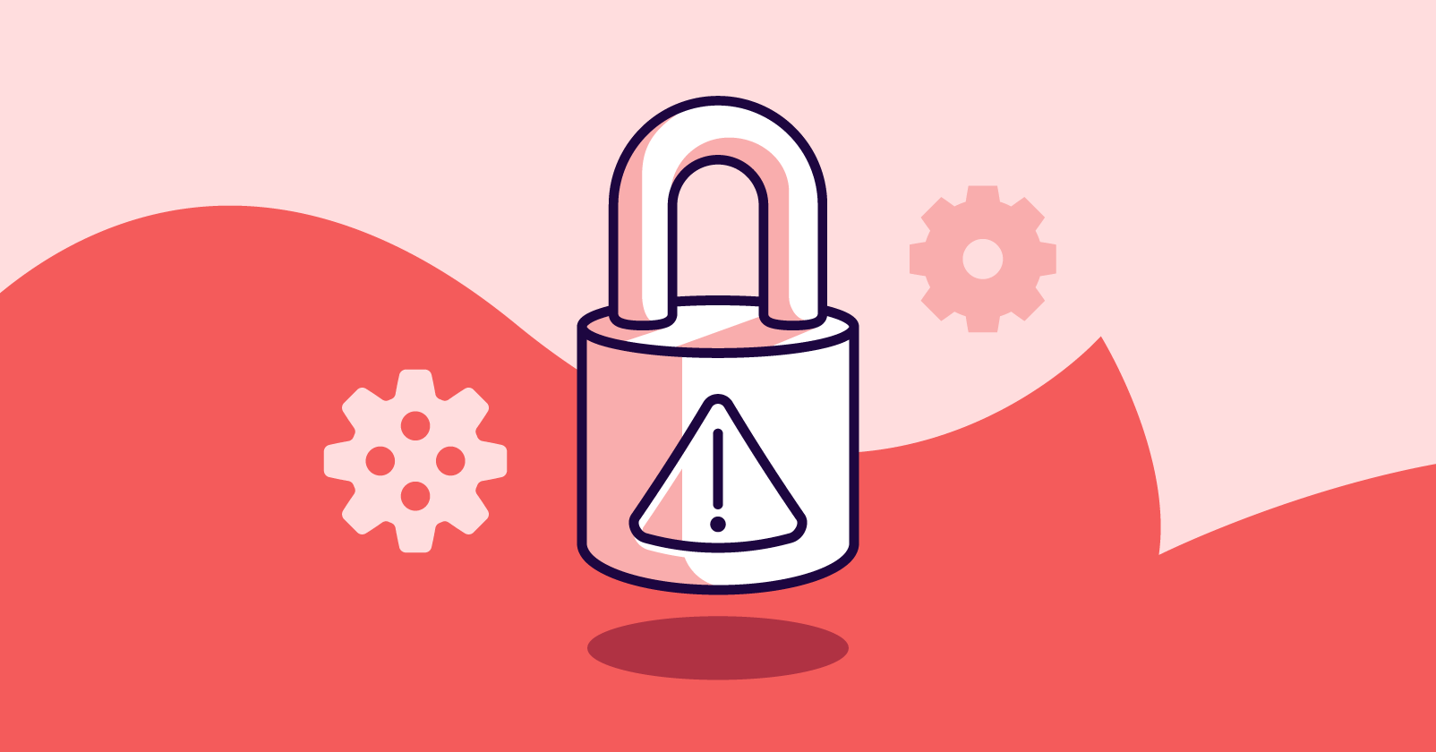 A padlock with a warning symbol on a red and pink background, flanked by two gears. Depicts cybersecurity risk and settings.