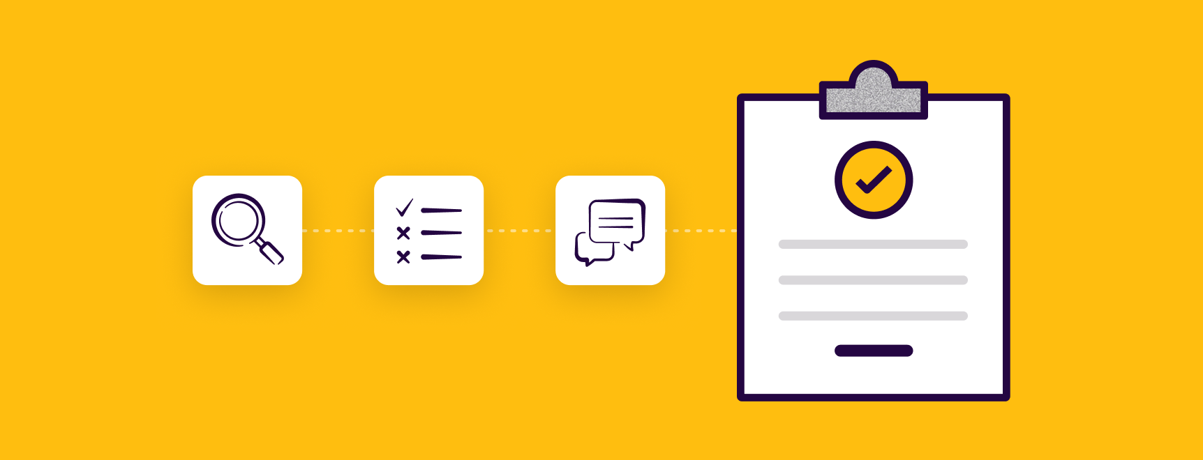 A magnifying glass, a checklist and chat icon next to a document summarizing the HIPAA security rule