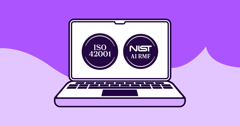 Illustration of a laptop with ISO 42001 and NIST AI RMF compliance badges on it