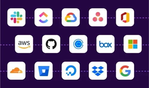 Grid of popular technology and cloud service logos including Slack, ClickUp, Google Cloud, Asana, Microsoft Office, AWS, GitHub, Cronycle, Box, Microsoft, Cloudflare, Bitbucket, DigitalOcean, Dropbox, and Google on a dark purple background.