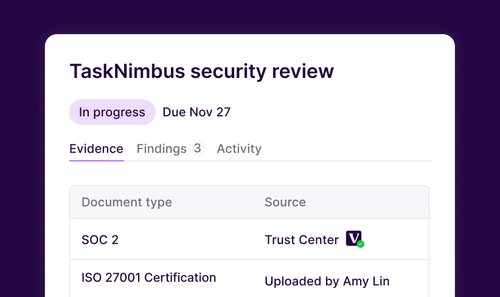 UI showing a security review in progress with document sources and due date.