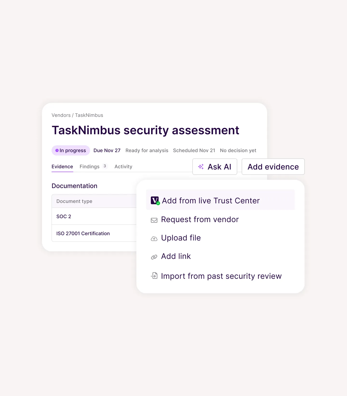 TaskNimbus security assessment interface showing in-progress status, due date, tabs for Evidence, Findings, and Activity, and options to add evidence including adding from live Trust Center, request from vendor, upload file, add link, or import from past security review.