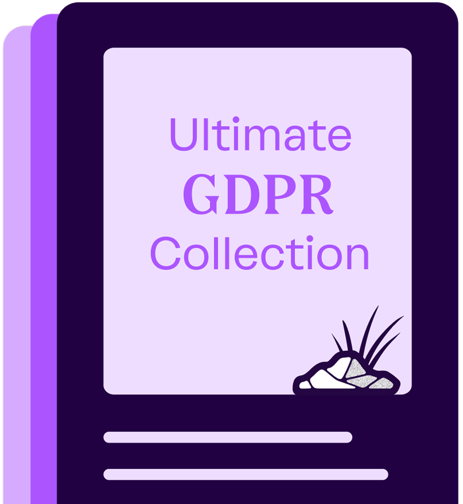 Graphic of a purple book cover titled 'Ultimate GDPR Collection' with a small rock and plant illustration in the corner.