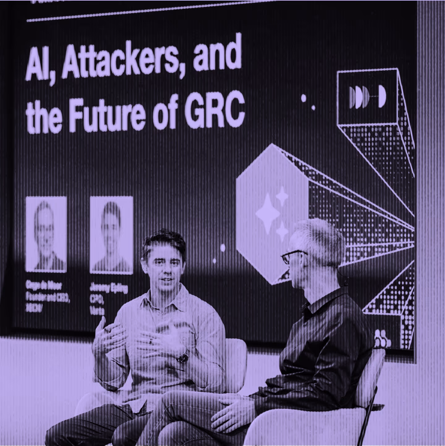 Two men seated and engaged in a discussion in front of a screen that reads 'AI, Attackers, and the Future of GRC' with speaker names and icons.