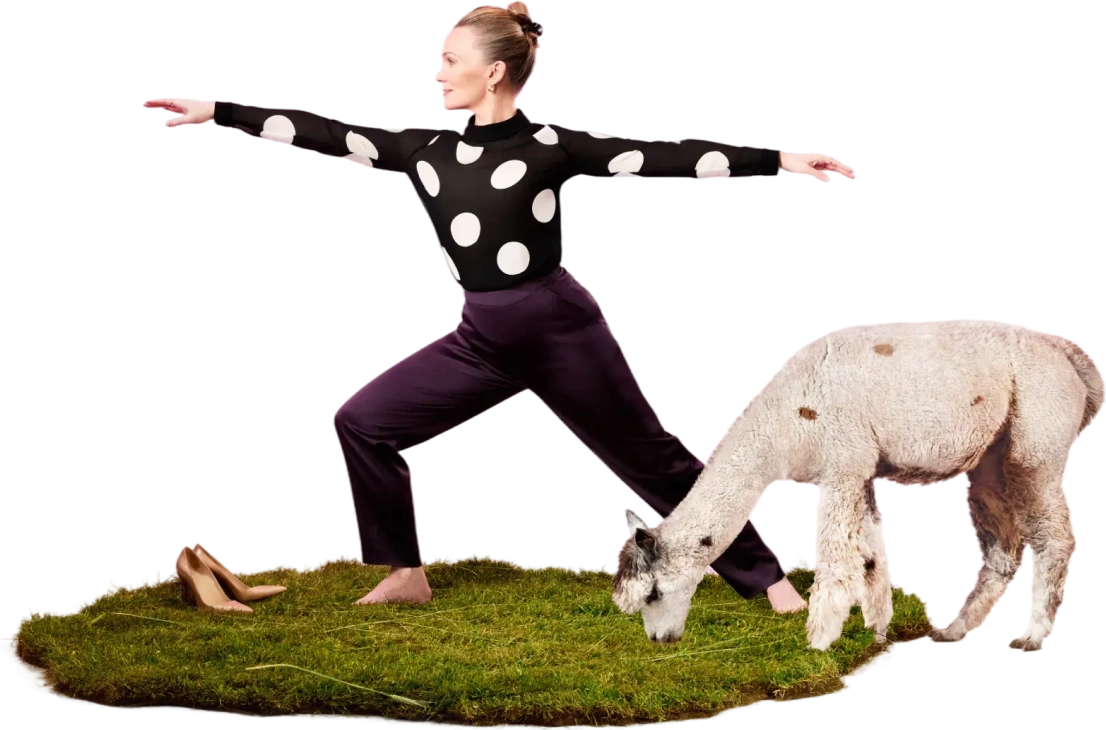 woman in business attire doing yoga with a llama on grass