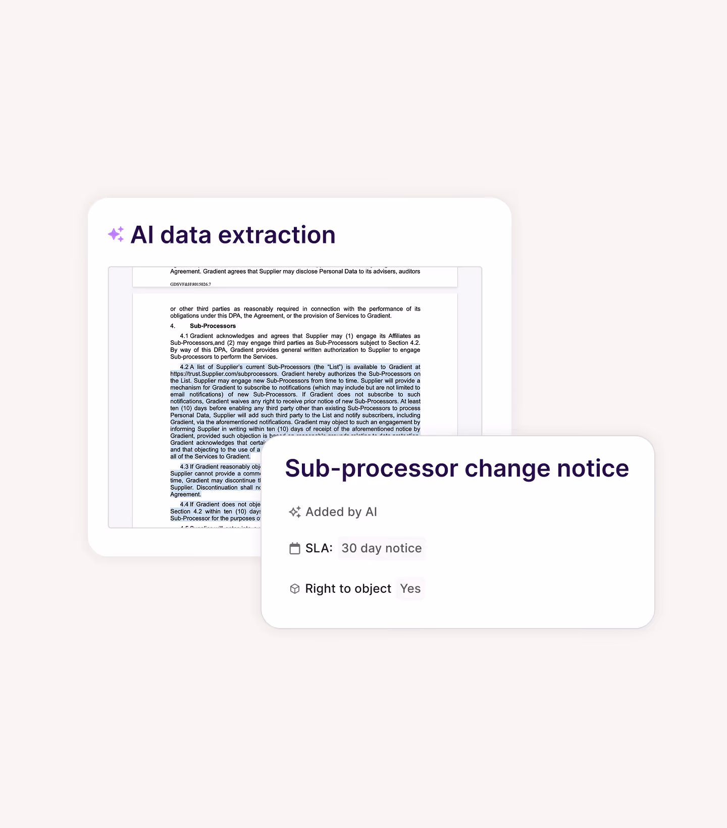 Screenshot showing AI data extraction highlighting a sub-processor change notice with details: 30 day notice SLA and right to object as Yes.