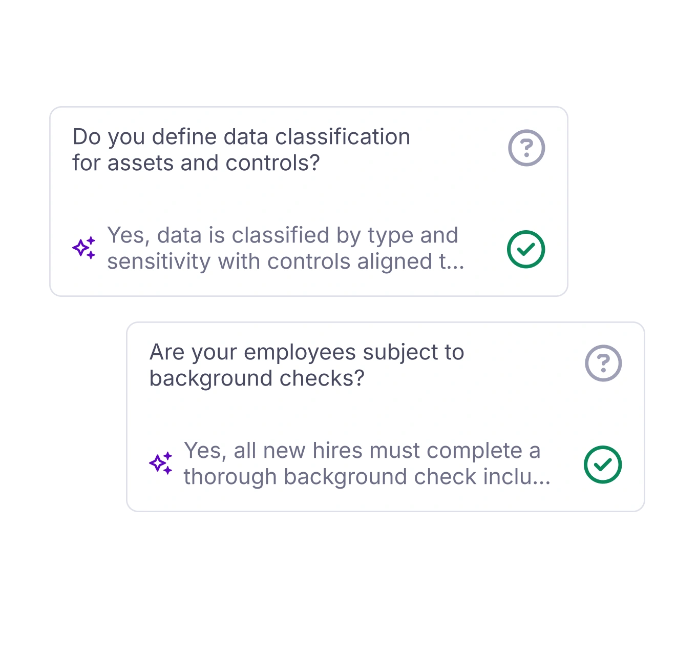 Two questionnaire cards showing answered compliance questions: one asks about defining data classification for assets and controls with a positive response; the other asks about employee background checks with a positive response.