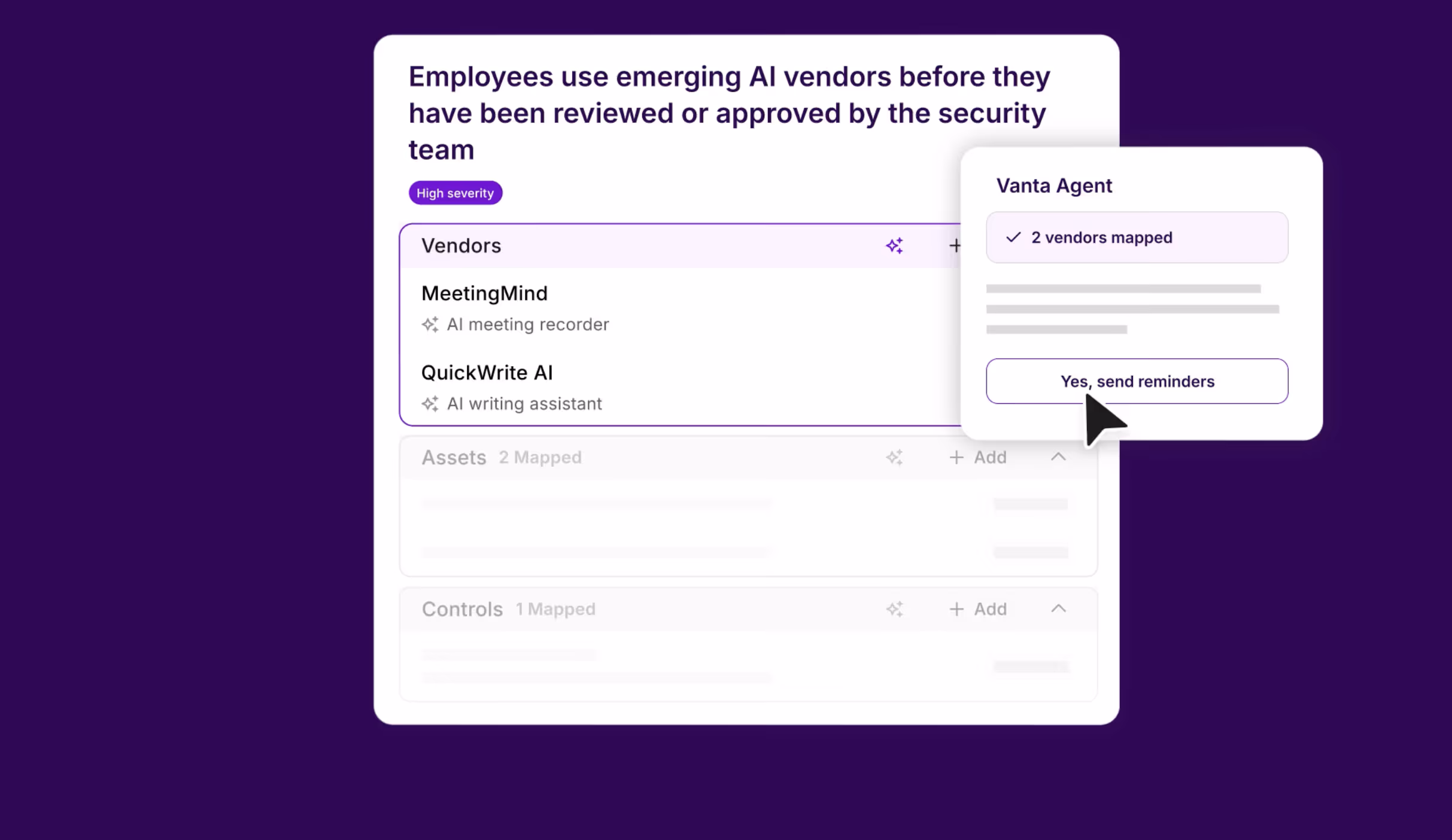 User interface listing unapproved AI vendors MeetingMind and QuickWrite AI with a button to send reminders.