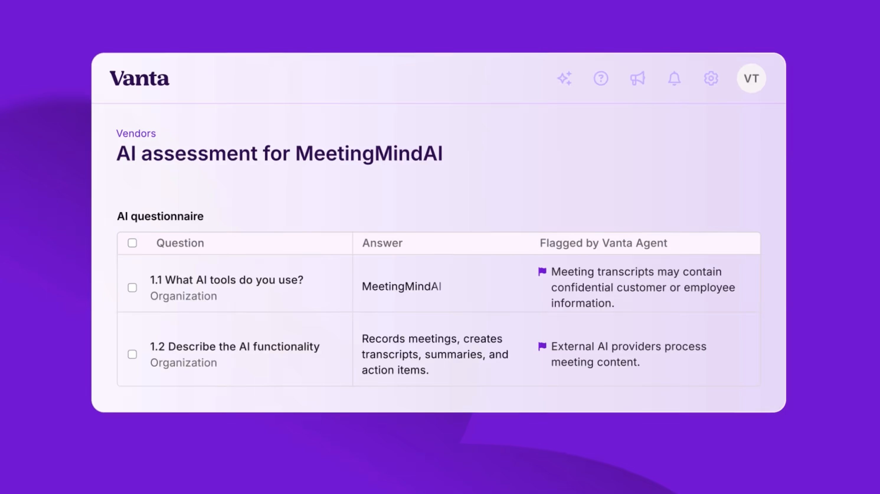 Vanta AI assessment for MeetingMindAI showing AI tools used and flagged privacy concerns in meeting transcripts.