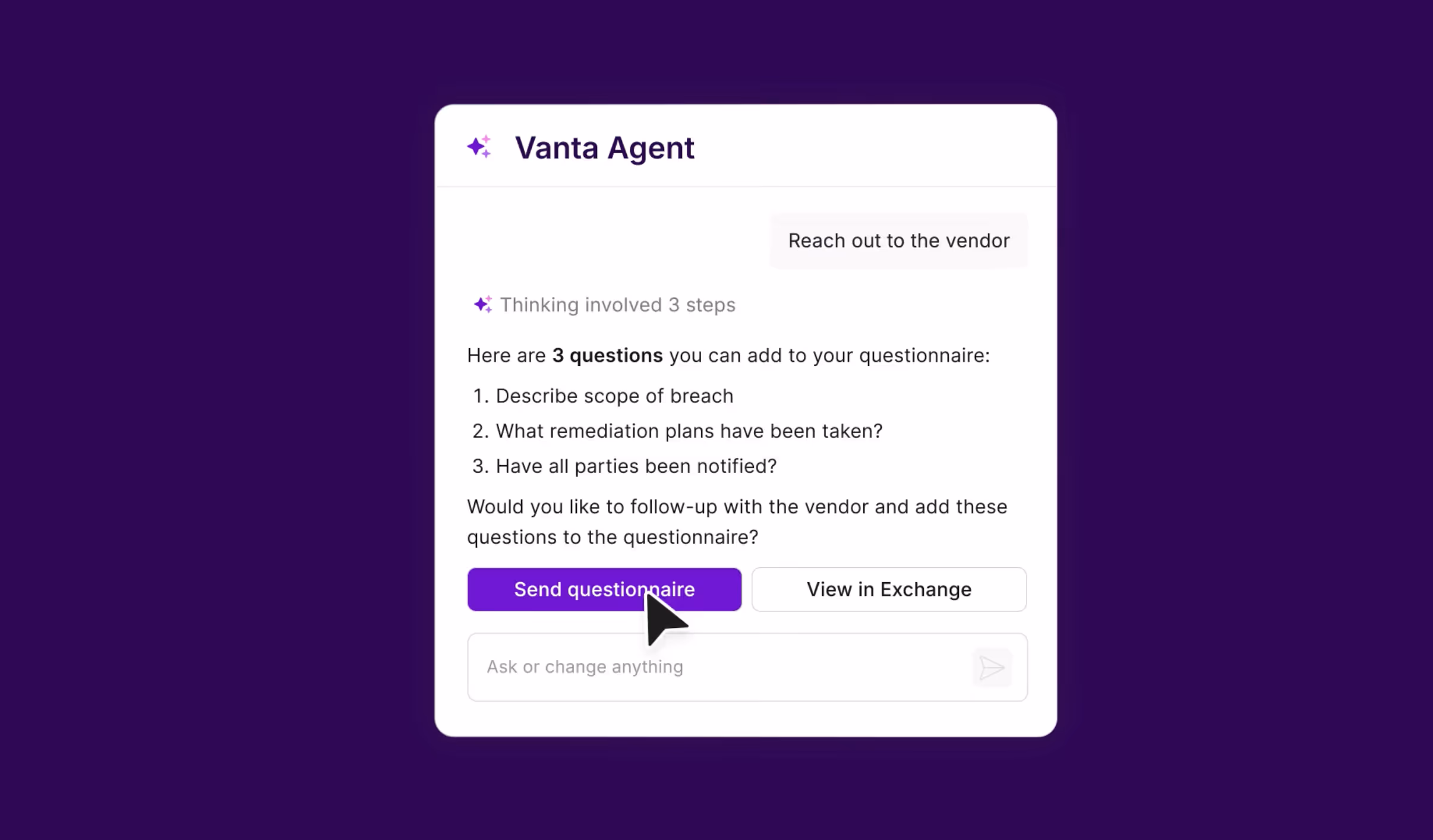 Vanta Agent suggests 3 questions to add to a breach questionnaire with a send button clicked.