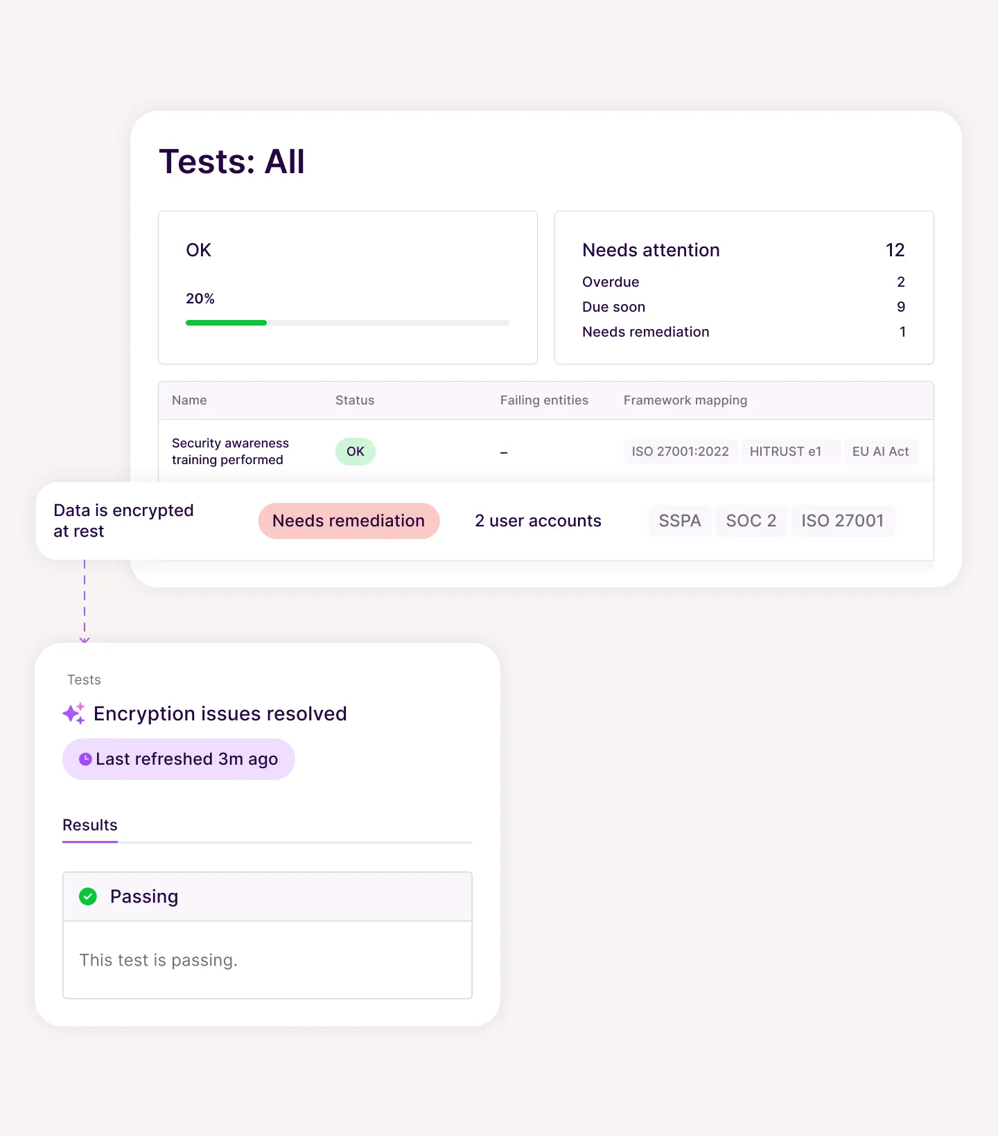 Dashboard showing test status with 20% OK, 12 needing attention, and detail of encryption test passed.