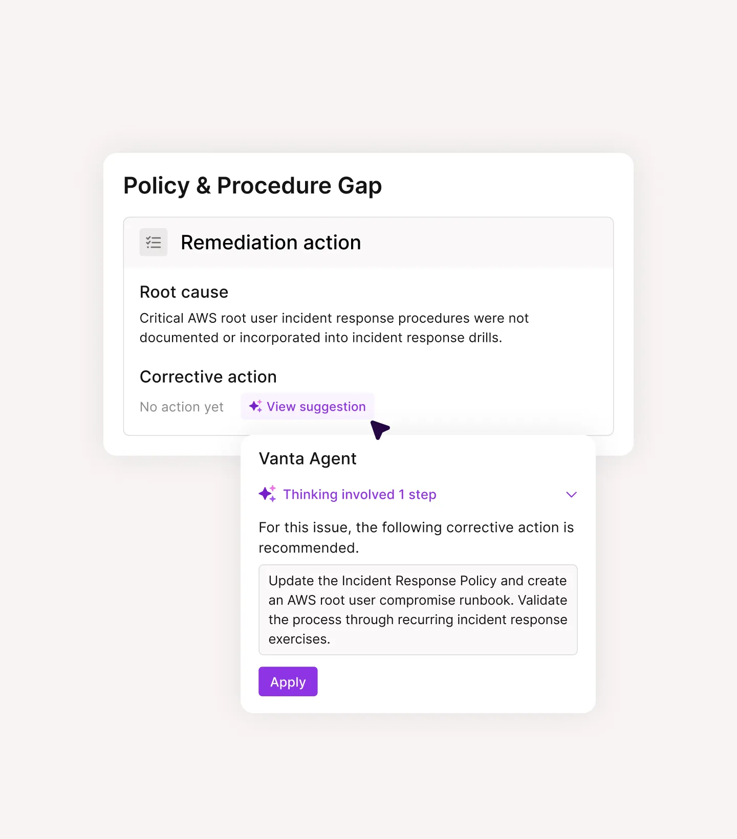 Policy gap shows no corrective action; suggestion recommends updating AWS incident response policy and validating it.