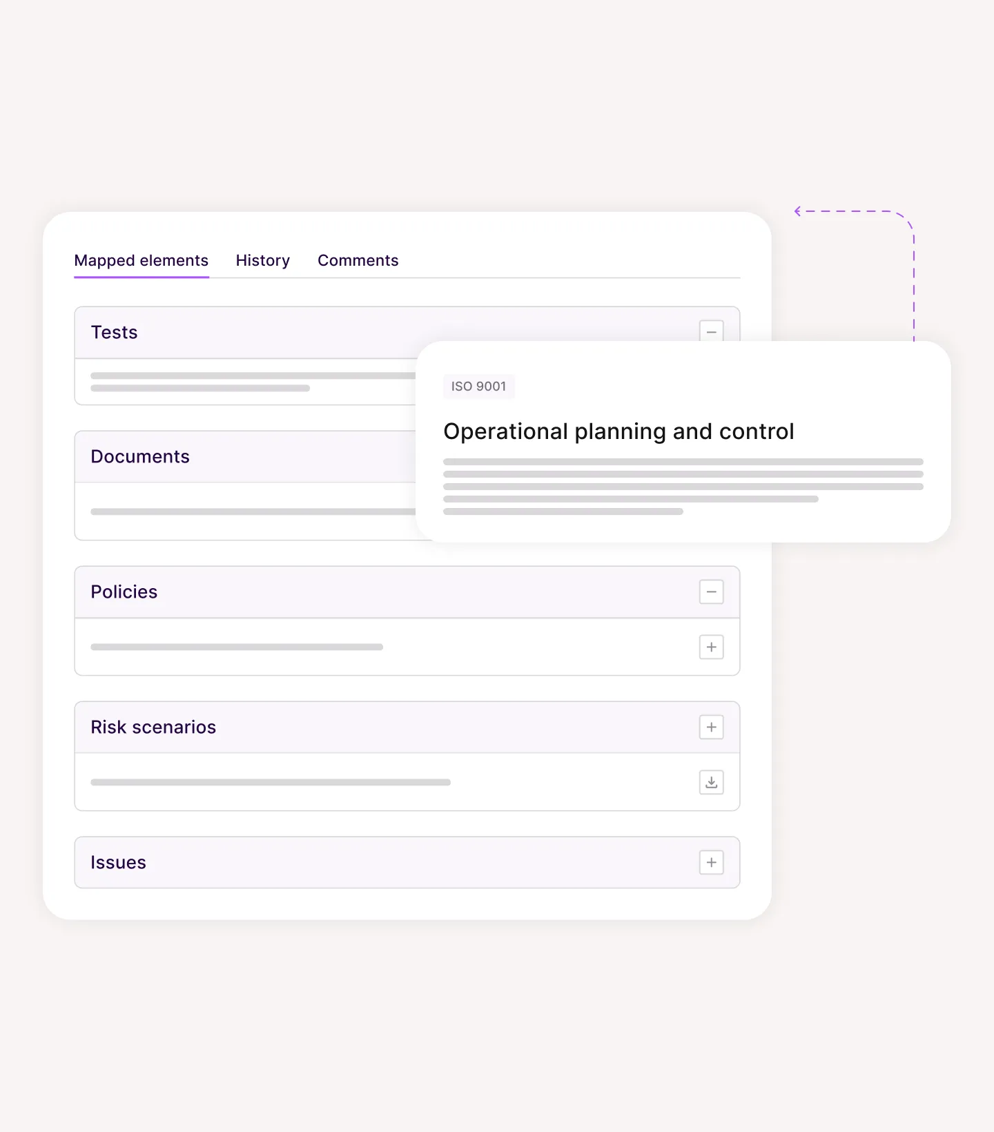 User interface showing sections for Tests, Documents, Policies, Risk scenarios, Issues with an ISO 9001 note.