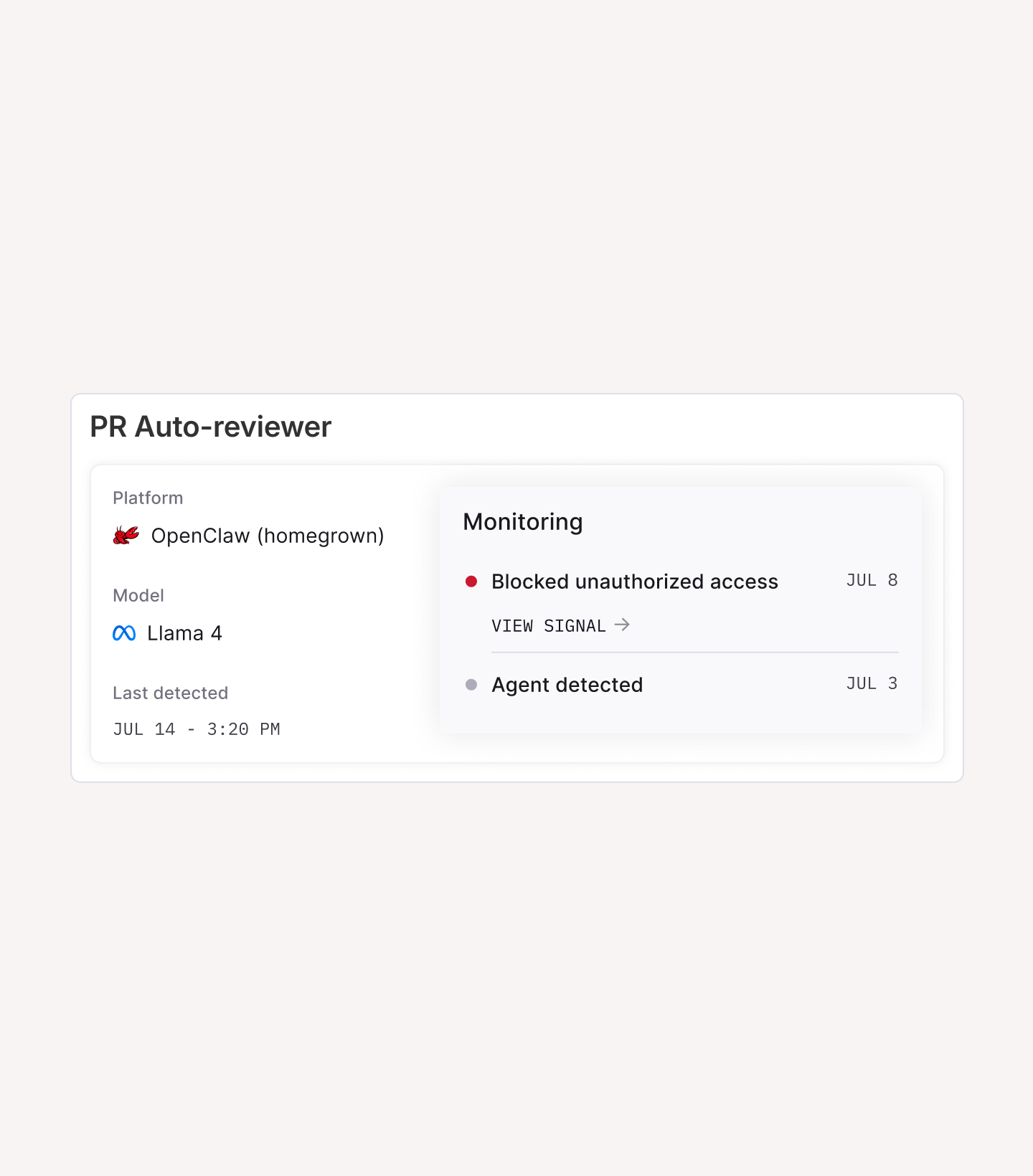 PR auto-reviewer showing platform OpenClaw, model Llama 4, and monitoring signals for blocked access and agent detection.