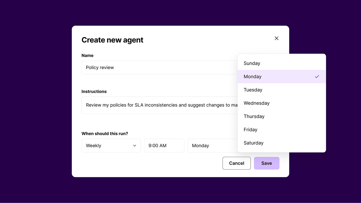 Form to create a weekly agent named Policy review with instructions and Monday selected to run at 9 AM.