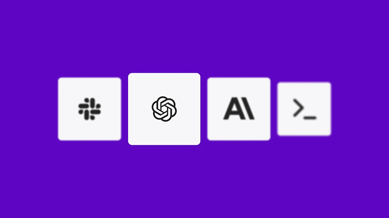 Row of four app icons on a purple background including Slack and OpenAI logos.