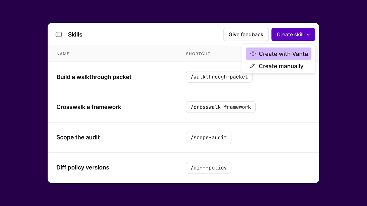 Skills panel listing tasks with shortcuts and a dropdown to create skills manually or with Vanta.