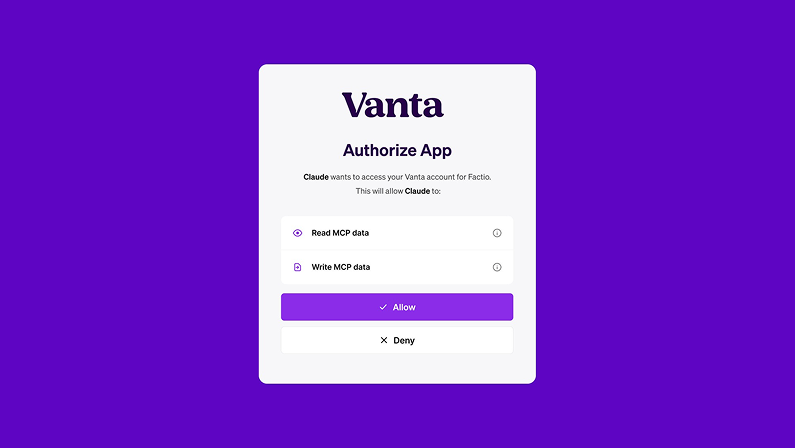 Vanta app authorization screen asking permission to read and write MCP data for Factio.
