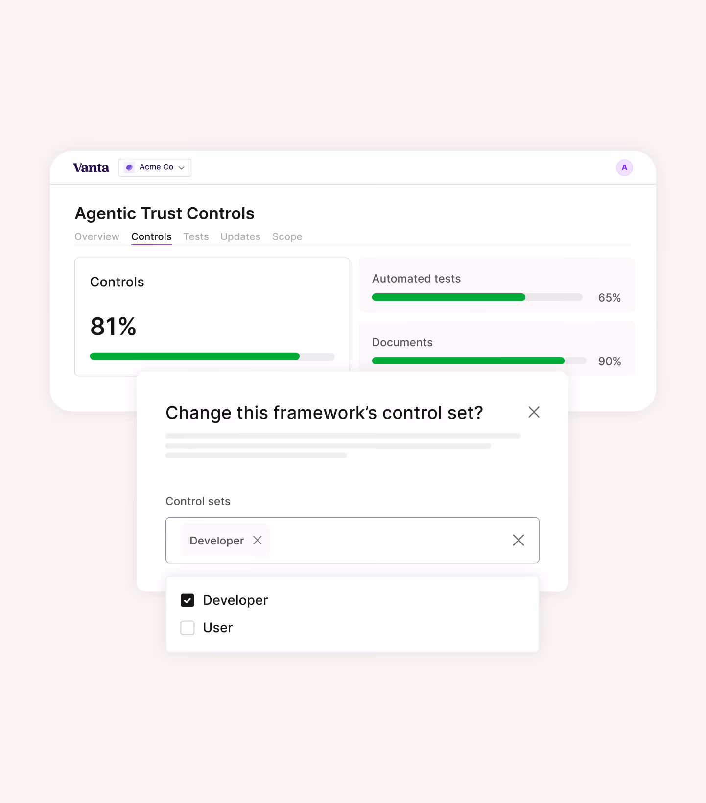 Screenshot of Vanta's Agentic Trust Controls dashboard for Acme Co showing 81% controls completion with automated tests at 65% and documents at 90%, and a popup window asking to change the framework's control set with options Developer (checked) and User.