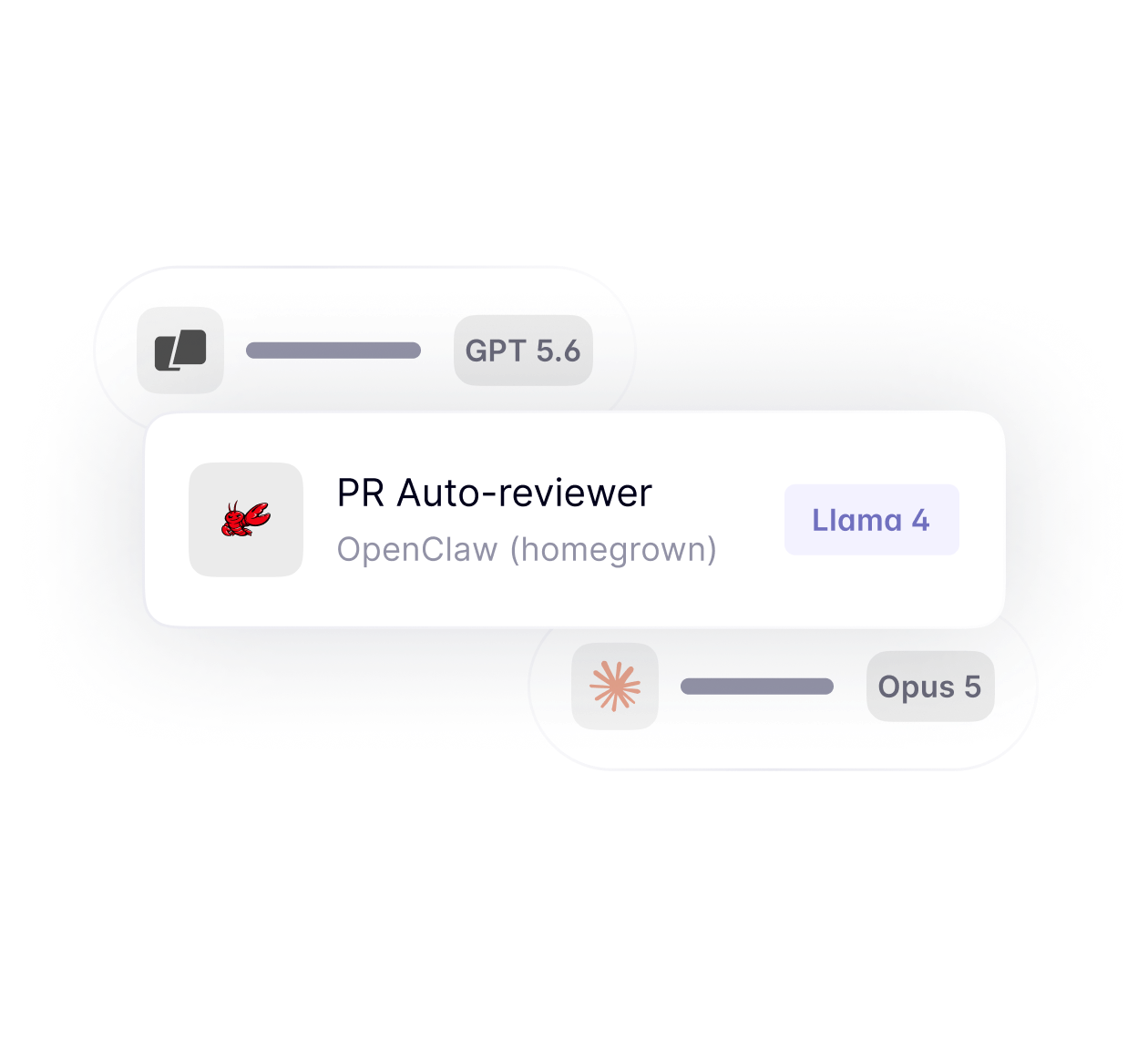 User interface displaying product cards for AI models: 'PR Auto-reviewer' by OpenClaw labeled as homegrown using Llama 4, with icons and labels showing GPT 5.6 and Opus 5 as model versions.