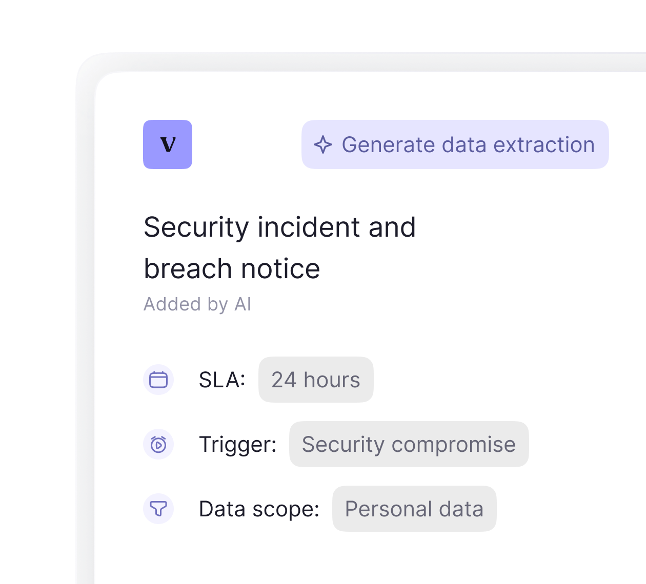 User interface showing a section titled 'Security incident and breach notice' added by AI, with details: SLA is 24 hours, Trigger is Security compromise, and Data scope is Personal data, along with a button labeled 'Generate data extraction'.