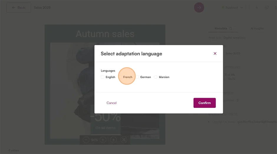 Chooses his language and market. The template creates the right fields, no guesswork.