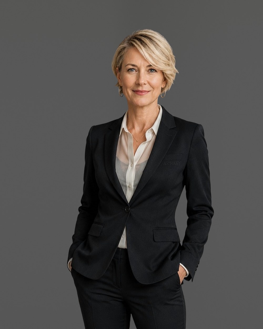 Professional with short blonde hair in a black suit