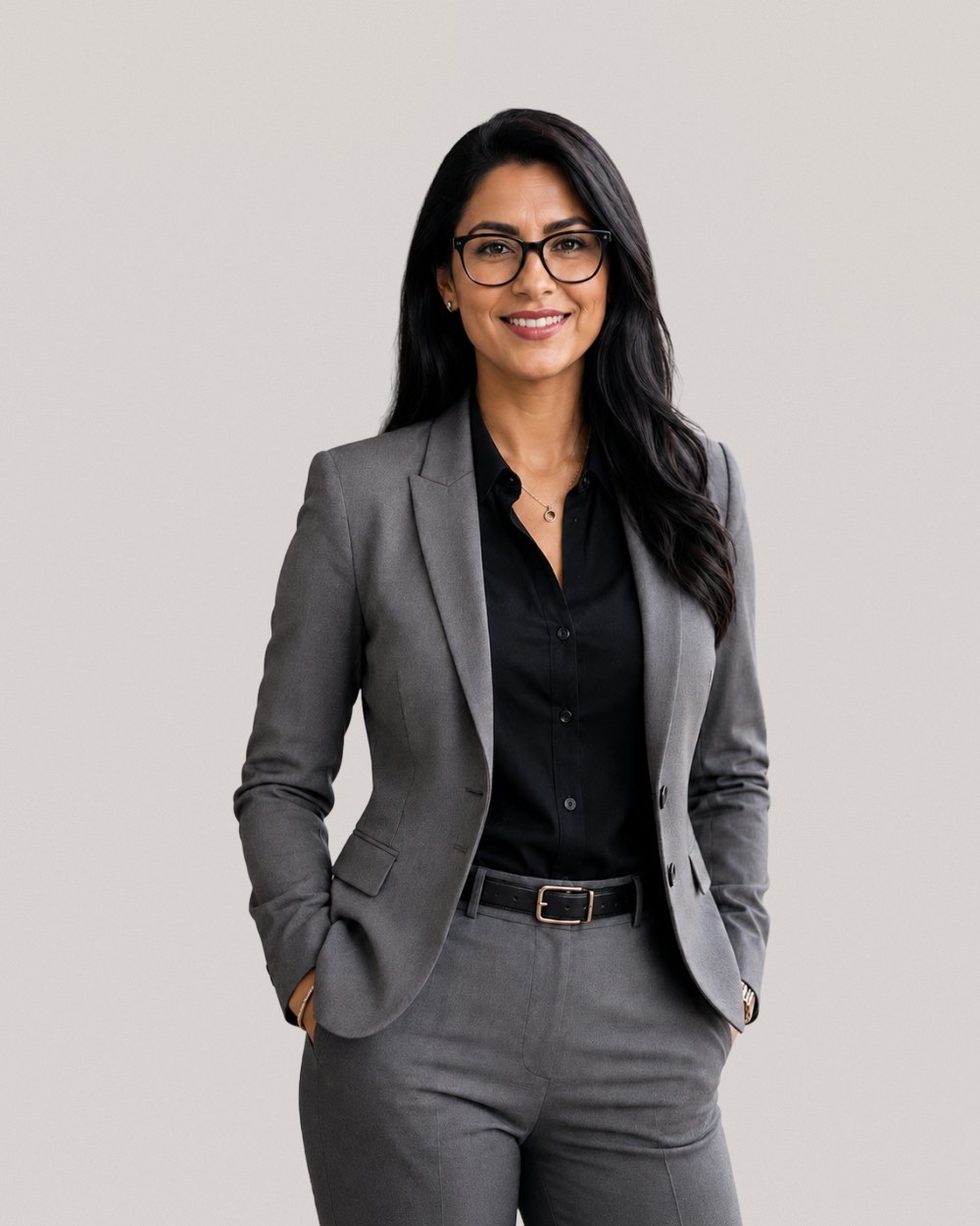 Professional with glasses in a grey suit, smiling