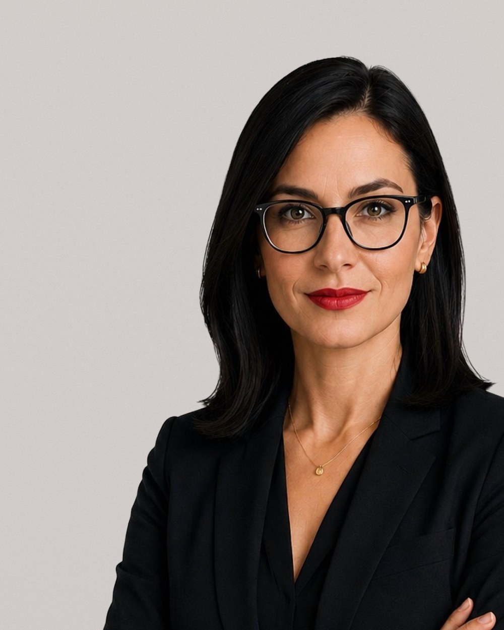 Professional with dark hair and glasses in a black jacket