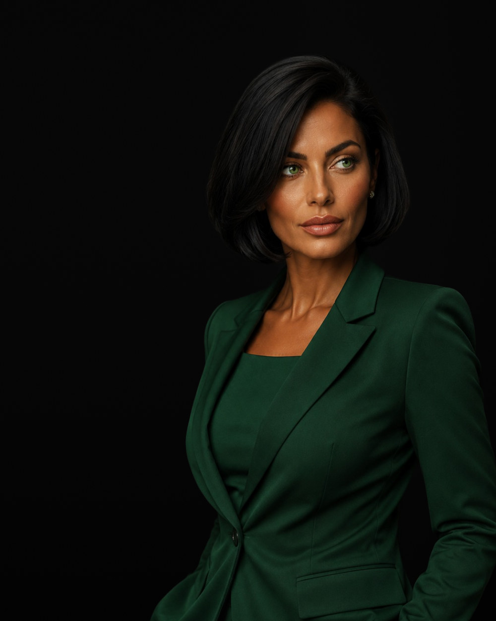 Senior professional in a dark green suit on a dark background