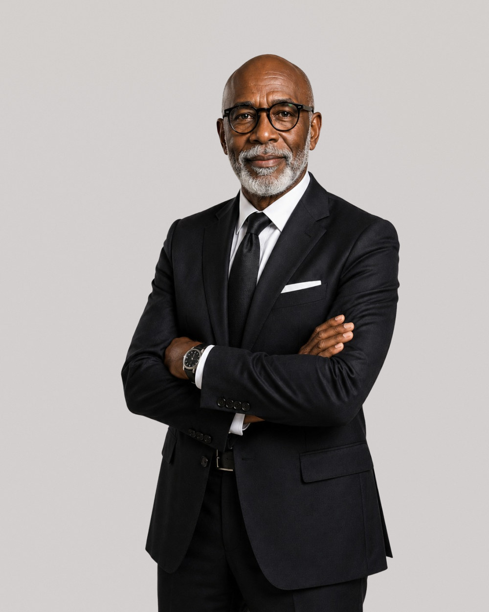 Senior professional with glasses in a black suit, arms folded