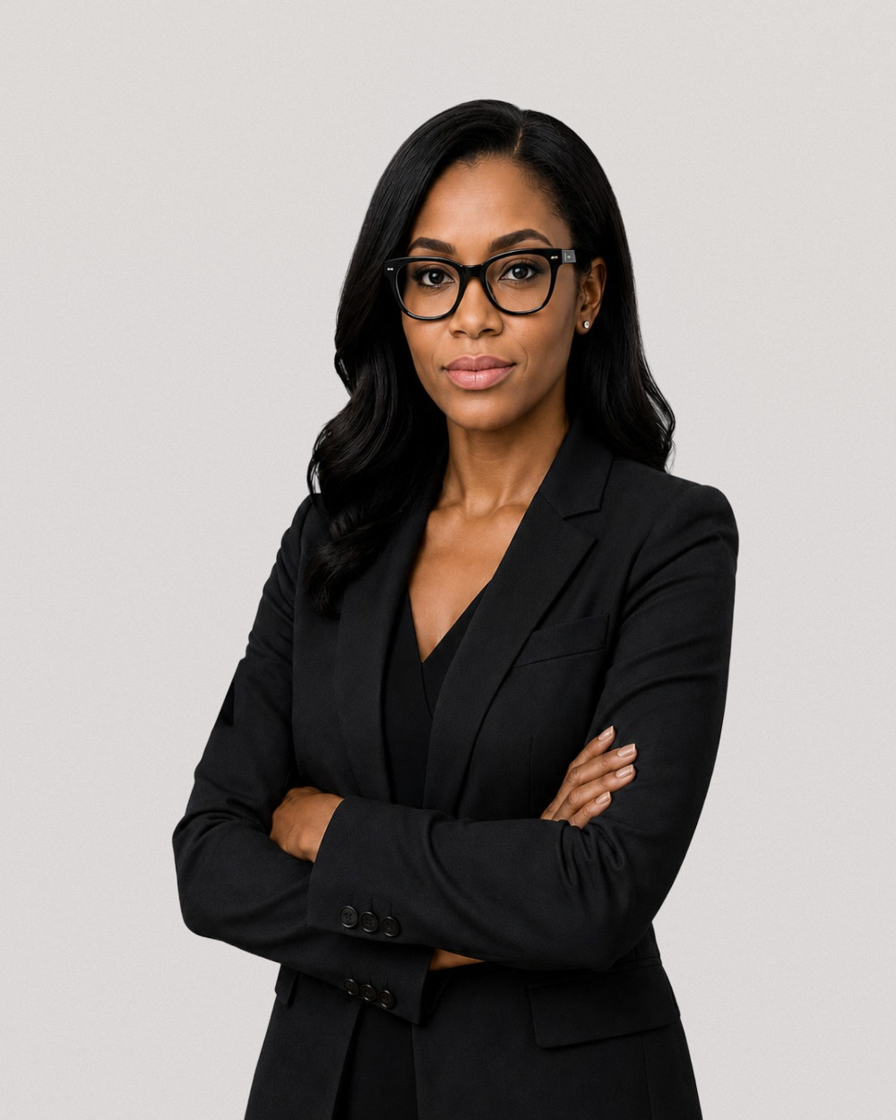 Professional with glasses in a black suit, arms folded