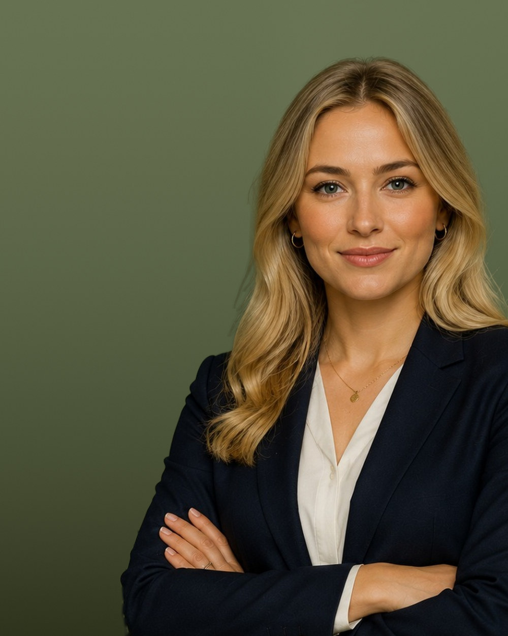 Professional with blonde hair in a navy blazer, arms folded, on a green background