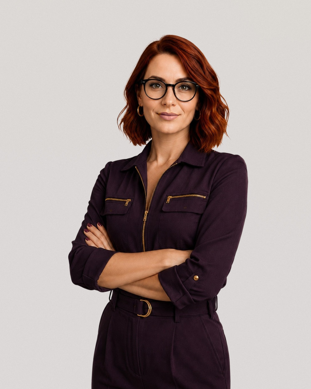 Professional with red hair and glasses in a plum jumpsuit, arms folded