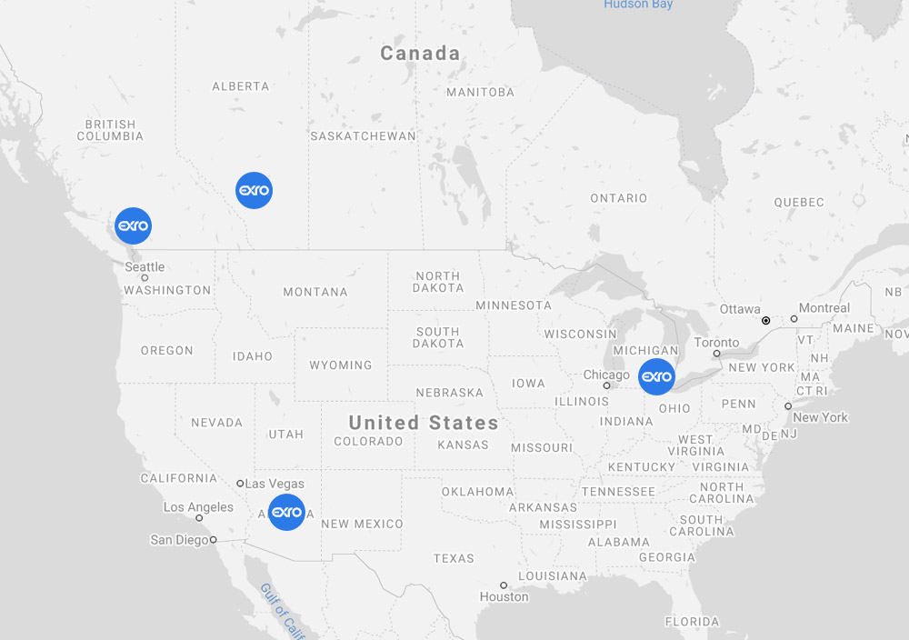 Map of Exro's locations in Canada (Calgary, AB; Vancouver, BC) and USA (Mesa, AZ; Dexter, MI).